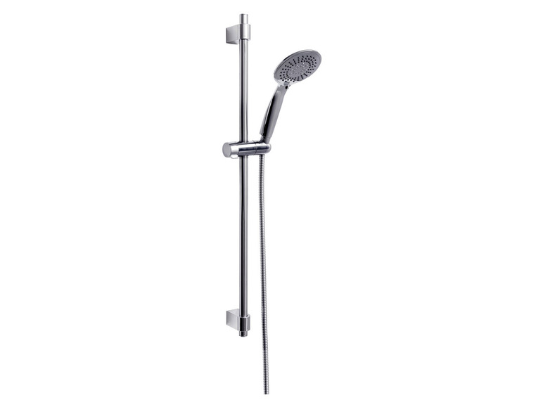 Une pomme de douche chromée avec une barre de douche réglable.