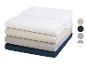 Draps-housses empilés, blanc, beige, gris et bleu marine.