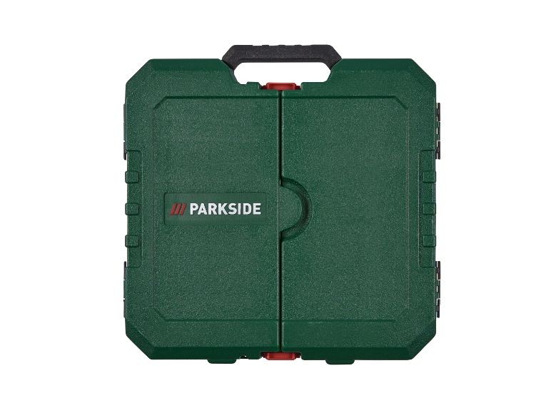 Boîte à outils verte Parkside avec poignée.