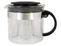 Carafe en verre avec poignée noire et filtre intégré pour le thé ou le café.