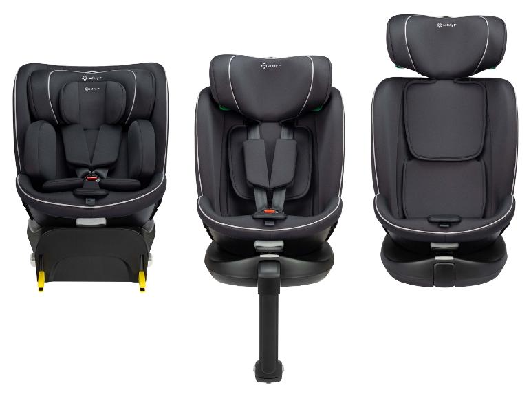 Trois sièges auto enfant gris foncé avec passepoil blanc, vus sous différents angles.
