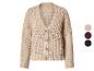 Cardigan en maille beige avec boutons et une palette de couleurs sur le côté.