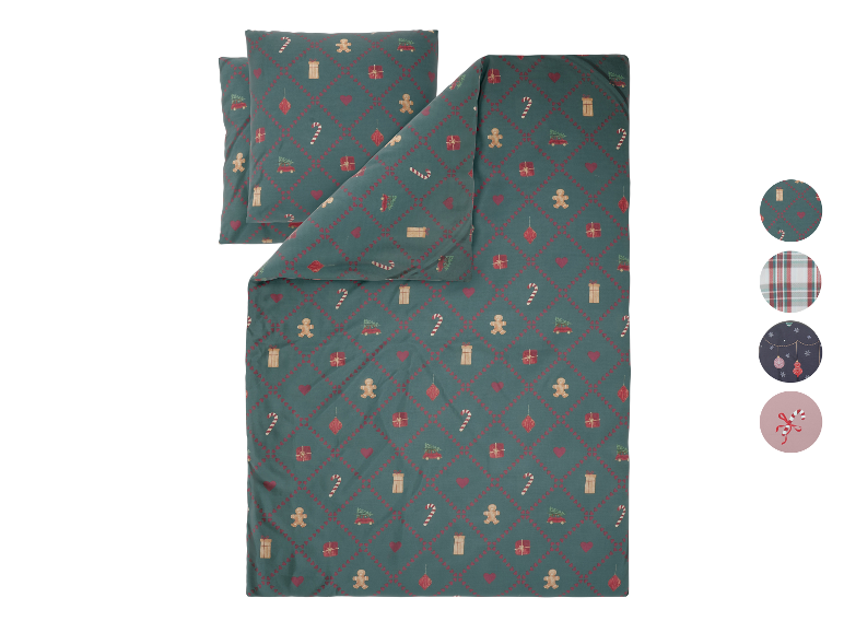 Parure de lit LIVARNO® en satin microfibre avec motifs de Noël et cœurs.