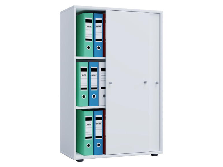 Une armoire blanche à portes coulissantes, remplie de classeurs avec les étiquettes 'Auto', 'Famille' et 'Assurance'.