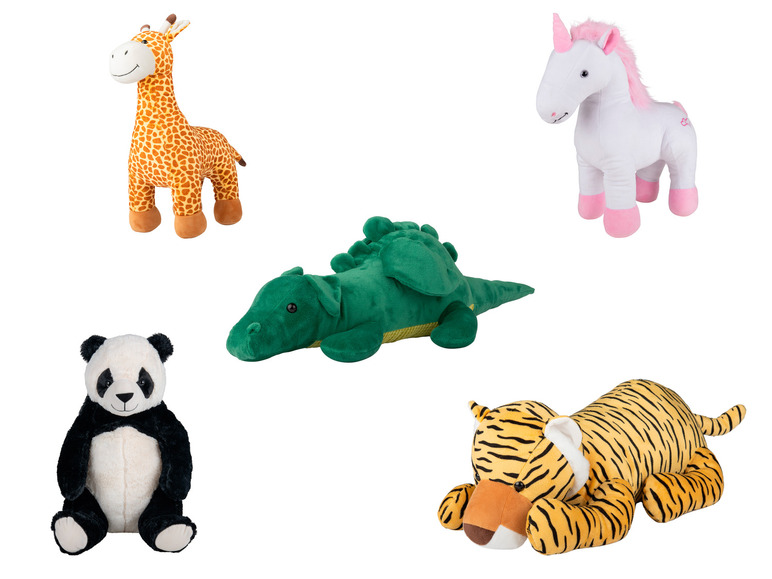 Peluches de girafe, licorne, panda, dragon et tigre.