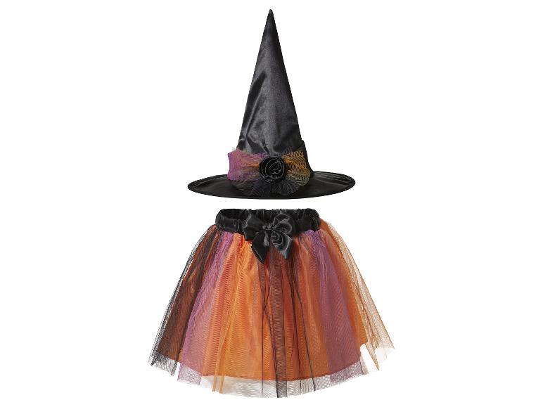 Chapeau et jupe de sorcière orange, violet et noir pour Halloween.
