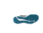 Semelle d'une chaussure de sport avec une bande de roulement bleu-vert et des détails blancs.