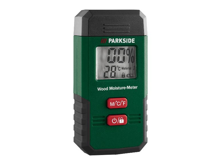 Un hygromètre à bois Parkside vert avec un écran numérique.