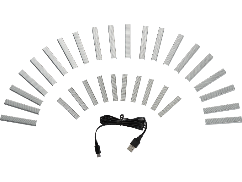 Un ensemble d'agrafes disposées en arc, avec un câble USB enroulé en dessous.