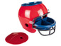 Un casque de football américain rouge avec un intérieur bleu et un couvercle séparé.