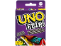 Une boîte de jeu de cartes avec le titre « UNO FLIP! », présentant des cartes recto-verso et des instructions de jeu.