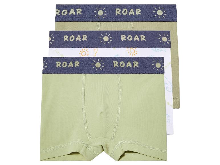 Trois boxers verts avec l'inscription 'Roar' et un motif soleil