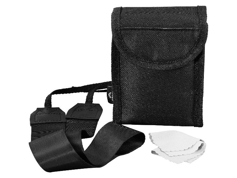 Étui de transport noir avec sangle et deux chiffons de nettoyage blancs.