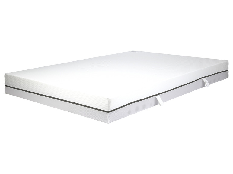 Un matelas blanc avec un bord gris et un revêtement blanc.