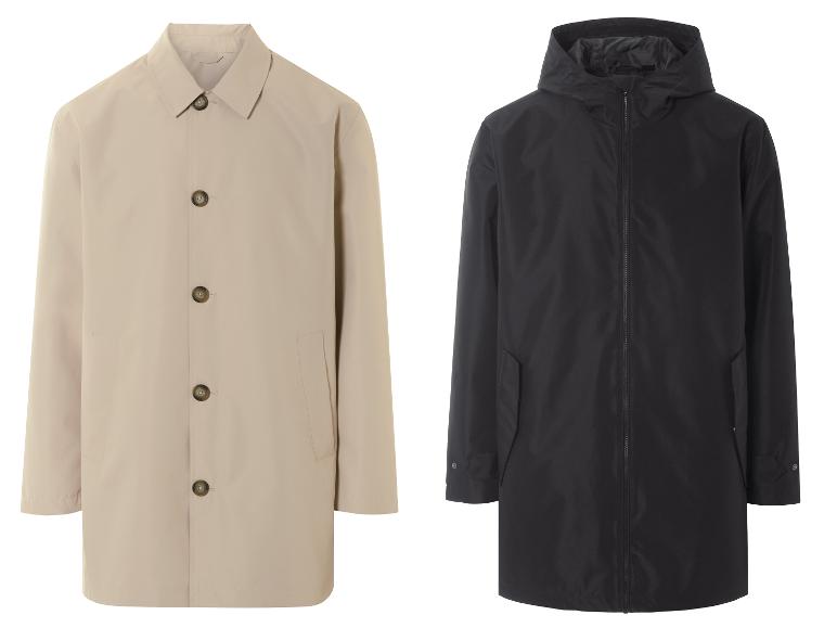 Manteau beige à boutons et veste noire à capuche.