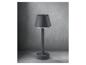 Une lampe sur pied moderne grise avec un abat-jour large.