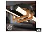 Plafonnier noir avec détails en bois et barres lumineuses LED blanches.