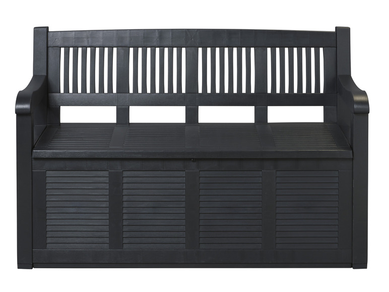 Un banc de jardin en bois noir avec rangement.