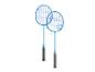 Deux raquettes de badminton bleues avec des poignées noires.