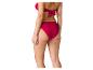 Femme de dos en bikini rouge avec haut bandeau et culotte taille haute.