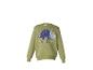 Sweat-shirt vert olive pour enfant avec un dinosaure à paillettes bleues et le mot 'DINOSAUR'.
