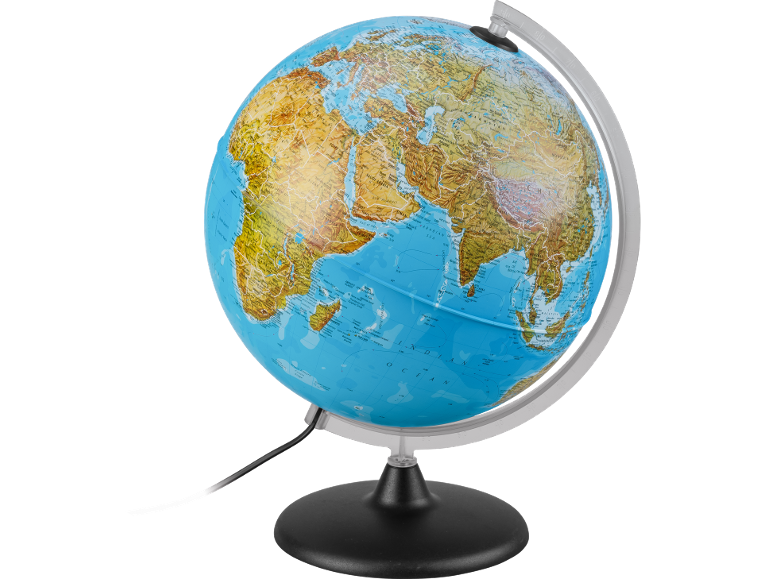 Globe terrestre lumineux affichant l'Afrique, l'Europe et l'Asie, sur un socle noir.