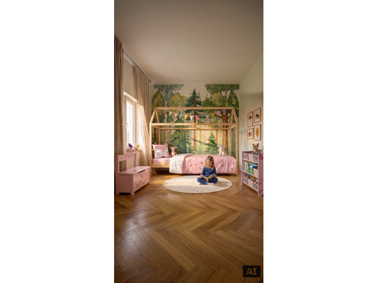 Chambre d'enfant avec lit cabane, papier peint forêt et petite fille qui lit.