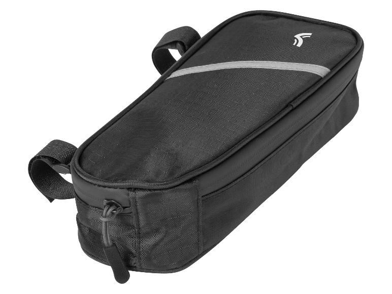 Une sacoche de vélo noire avec un détail réfléchissant.