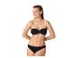 Femme souriante en bikini bandeau noir texturé nid d'abeille.