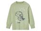 Un t-shirt à manches longues vert avec un imprimé de dinosaure.