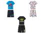 Trois ensembles de pyjamas courts pour enfants : bleu Spider-Man, blanc Avengers et noir Grogu.