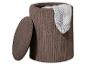 Panier de rangement rond en velours côtelé marron avec couvercle et couverture tricotée blanche