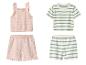 Ensembles d'été pour bébé : un top rose à volants et un short, et un ensemble rayé blanc-vert.