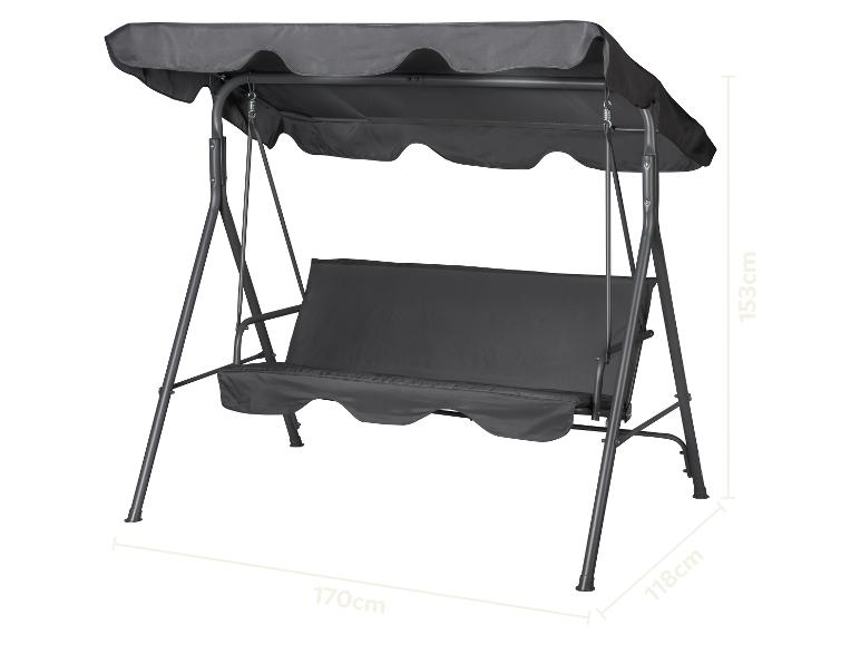 Balançoire de jardin grise avec auvent et sièges rembourrés, dimensions 170x118x153cm.