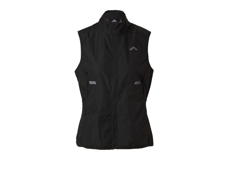 Gilet de sport noir avec fermeture éclair et détails réfléchissants.