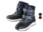 Deux paires de bottes d'hiver bleues et noires avec fermeture velcro.