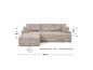 Canapé d'angle beige en forme de L avec dimensions : 250 cm de large, 155 cm de profondeur, 92 cm de hauteur, hauteur d'assise 42 cm, profondeur d'assise 56 cm.
