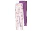 Deux leggings pour enfants : un rose à motif licorne et un violet uni.
