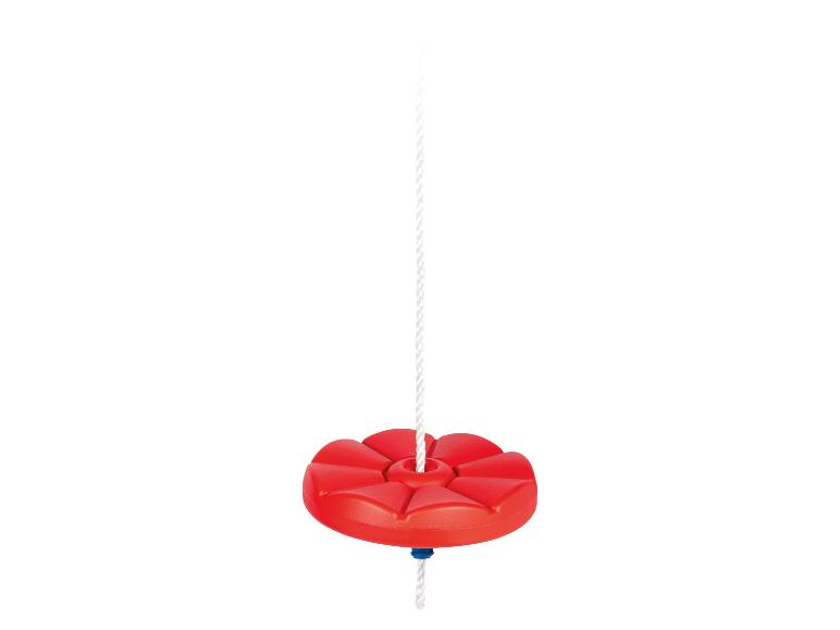 Une balançoire rouge avec un siège en forme de fleur et une corde