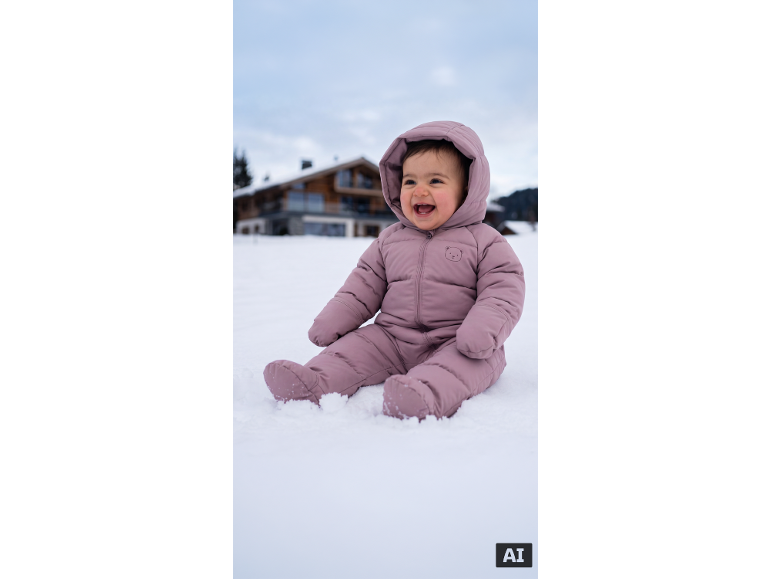 Bébé souriant en combinaison de neige rose assis dans la neige avec une maison en arrière-plan.