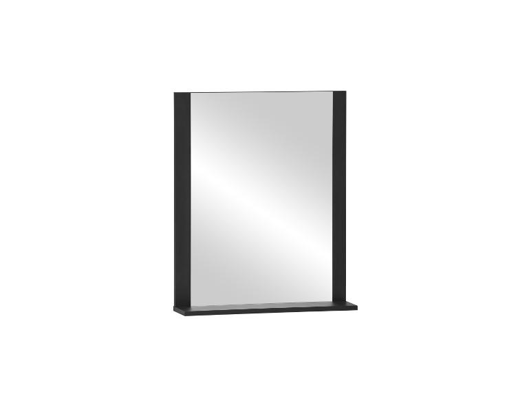 Miroir rectangulaire noir avec une petite étagère en bas.