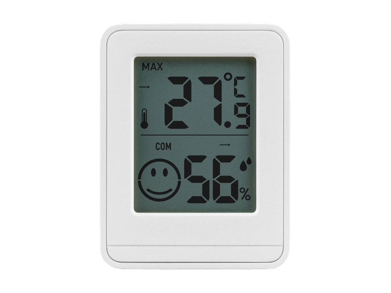 Thermomètre et hygromètre numérique blanc avec écran LCD, affichant 27.9°C et 56% d'humidité.