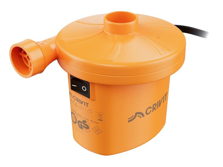 Pompe à air électrique orange avec interrupteur noir et cordon d'alimentation.