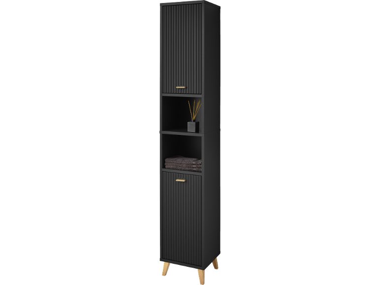 Meuble colonne de salle de bain noir avec portes cannelées et pieds en bois