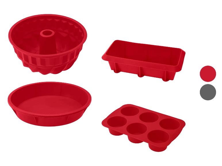 Moules de cuisson en silicone rouges : gâteau, pain et muffins.