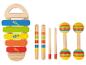 Xylophone et maracas en bois multicolores pour enfants.