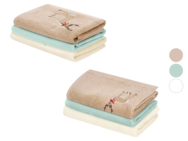 Serviettes de toilette LIVARNO® brodées d'un renne en beige, turquoise et crème.