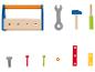 Ensemble d'outils de jeu en bois avec boîte à outils, clé, marteau, tournevis, vis et écrous.