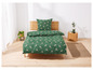 Une housse de couette verte à motif de rennes pour un lit simple.