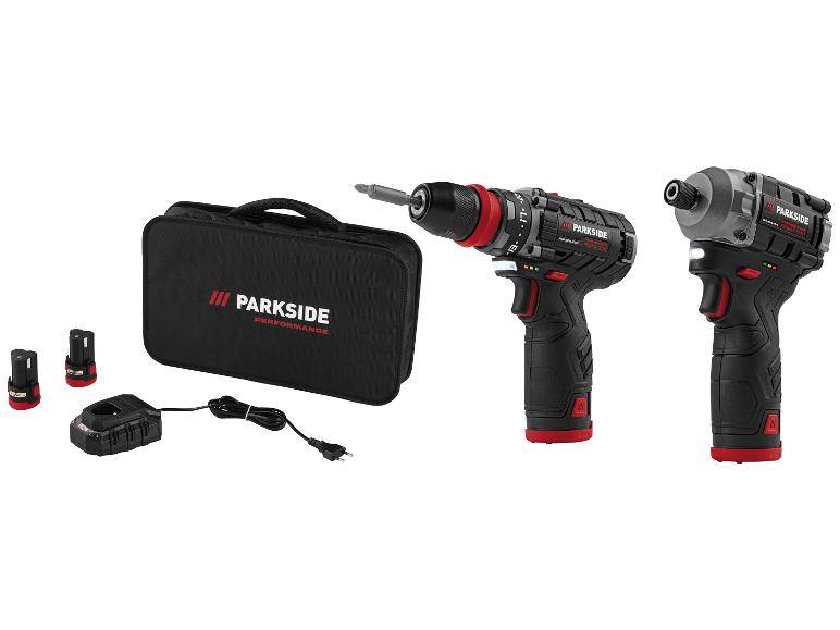 Ensemble perceuse-visseuse et visseuse à chocs sans fil avec deux batteries, chargeur et sac de transport.